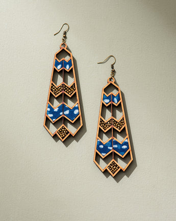 Blue Wave Pattern Upcycled Fabric & Repurposed Wood Earrings